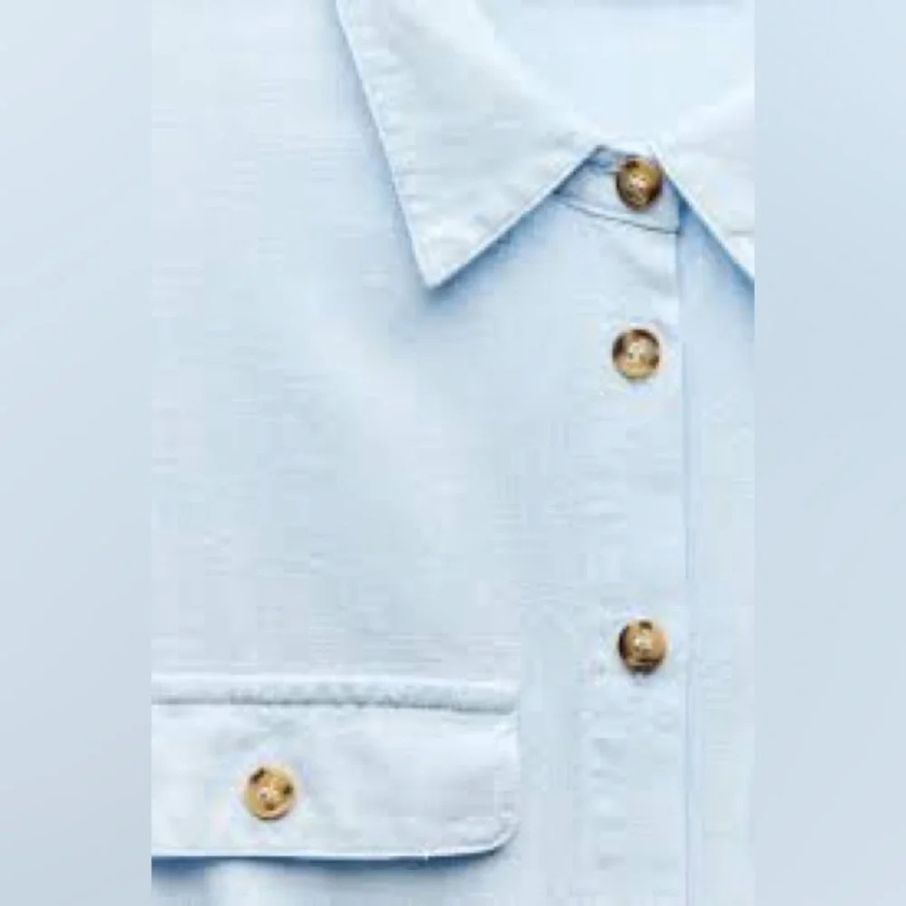 NWT. Zara Light Blue Linen Blend Belted Short Jumpsuit. Size XS.